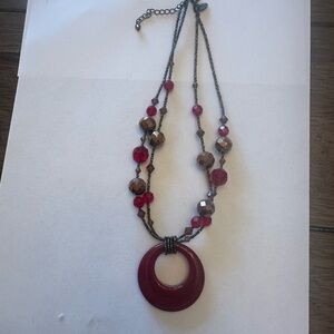 Lia Sophia Deep Red Ring Pendant Layered Bead Necklace